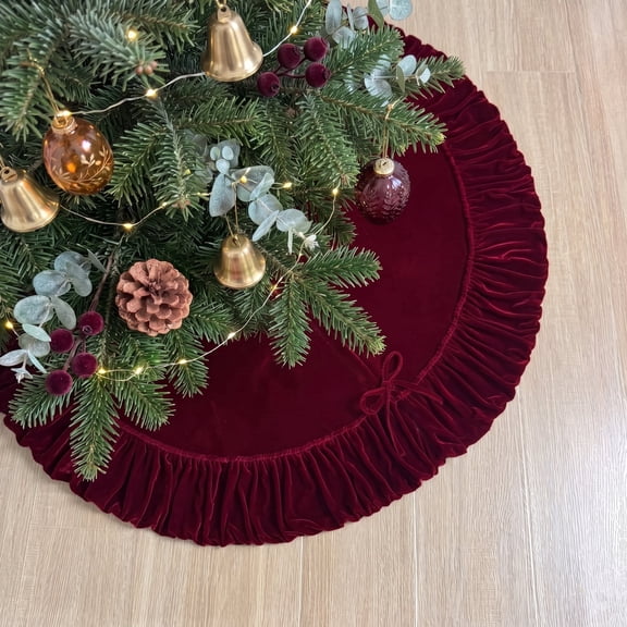 TETOU 36In Christmas Tree Skirt ,Burgundy Ruffled Velvet Xmas Tree Skirt with Felt Padding Nylon Backing and Lace-Up Tie Closure for ChristmasTree Party Gift Holiday Home Decor
