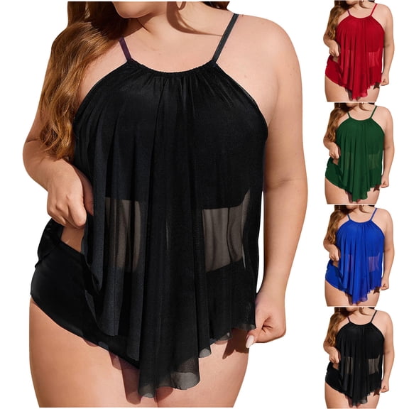UPPADA Tummy Control Two Piece Tankini Swimsuits for Women Spaghetti Strap Mesh Blouson Tankini Top With Bottom Hide Belly Swimwear Black Swimsuit,L