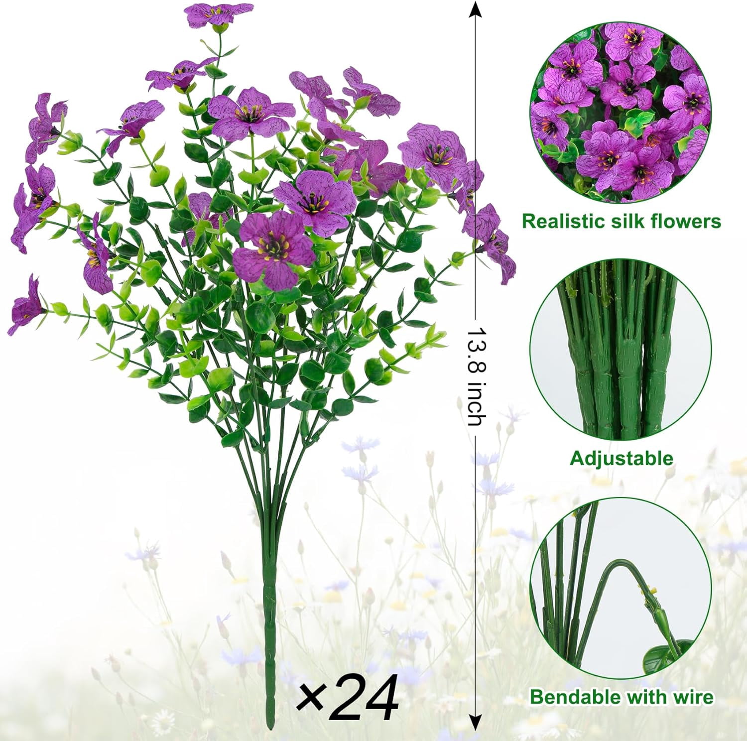 UU&T 24 Bundles Artificial Flowers, Fake Silk Flowers UV Resistant Faux Plastic Plants for Spring Summer Garden Porch Home Indoor Outdoor Decoration, Purple
