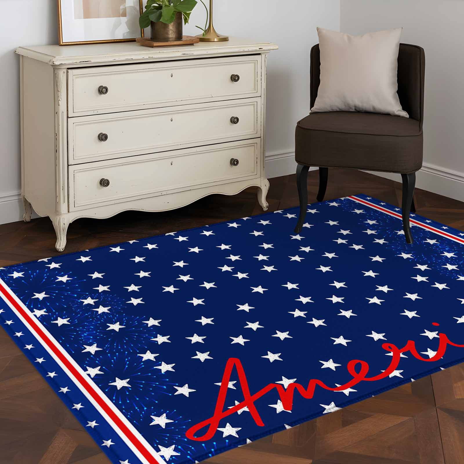 Area Rugs 2.7'x5', 4th of July Carpet for Living Room Bedroom Dining Room, Independence Day American Patriotic Stars Blue Throw Kitchen Rugs Non Slip Washable Rectangle Indoor Outdoor Rugs