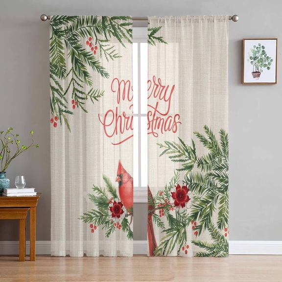 Christmas Cardinal Sheer Curtains 63 Inch Length 2 Panels Set, Semi Transparent Voile Rod Pocket Curtains for Living Dining Room Bedroom Drapes Xmas Winter Pine Flower Berry on Linen