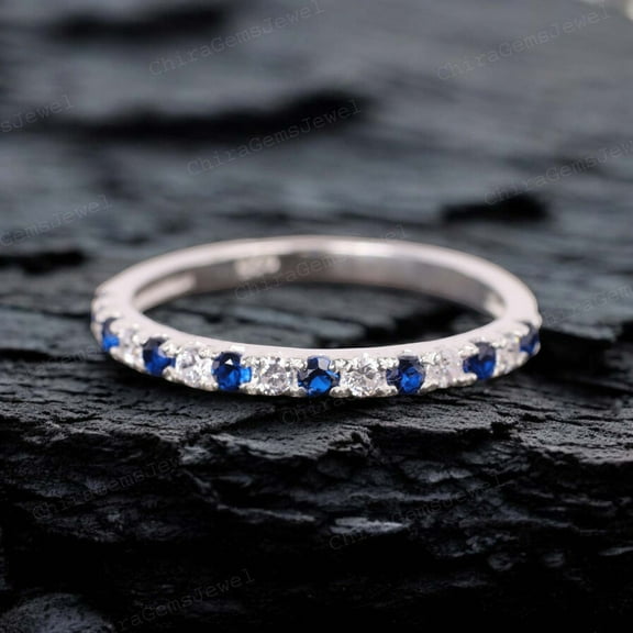Round Shape Blue Sapphire Wedding Band Art Deco 925 Sterling Silver Eternity band Girlfriend Proposal Band Diamond Mother Promise Gift band