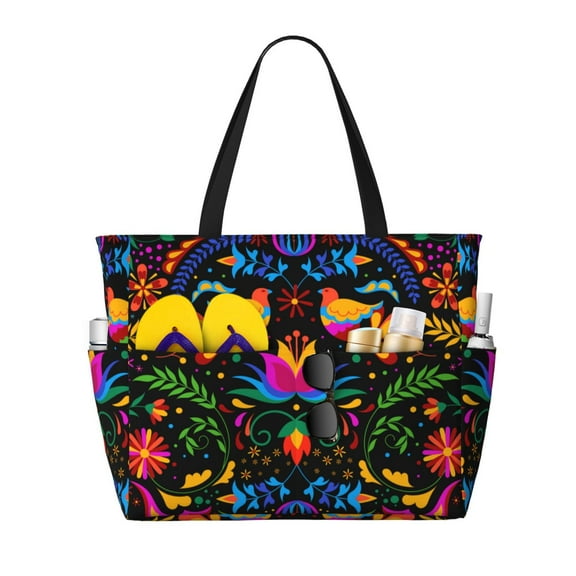 Kdxio Mexican Flower Traditional1 for Beach Bag for Women Large Beach Tote Bag Waterproof Sandproof Swim Bag with Zipper Pockets Beach Vacation Travel