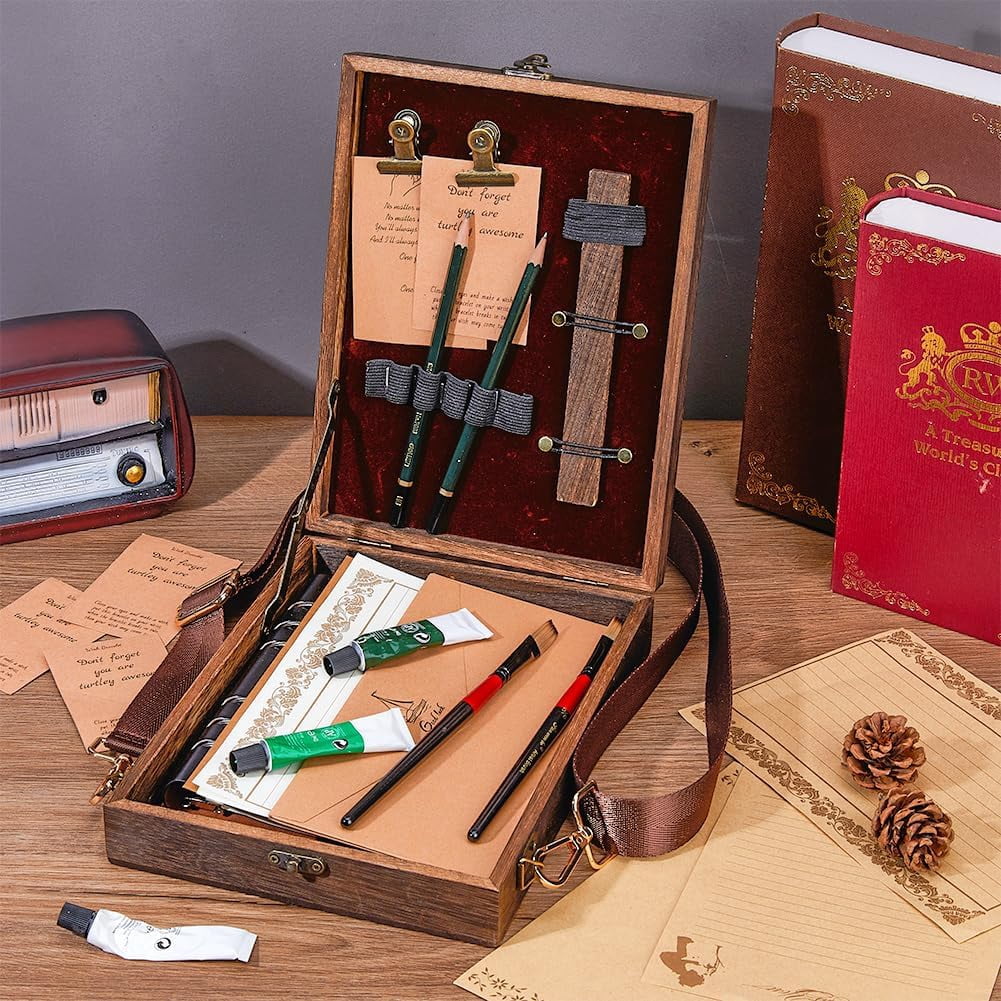 Writers Messenger Wood Box Tabletop Easel Box Painting Brush Tool Storage Cage Portable Storage Easel Box with Band for Outdoor Painting Drawing Sketching Writing