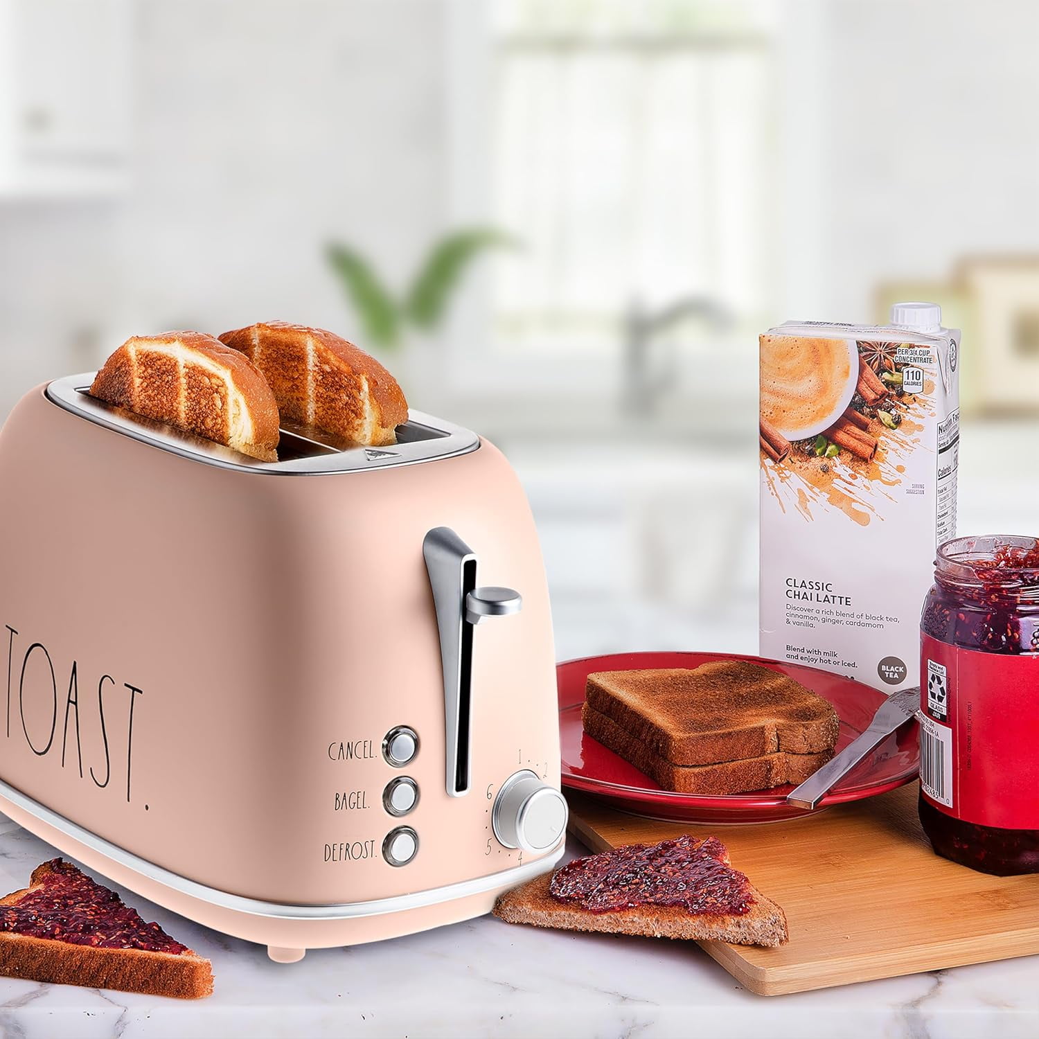 COOK WITH COLOR Retro Rounded 2 Slice Toaster, Stainless Steel Toaster with Wide Slots and 6 Browning Levels, Blush