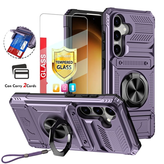 Kryonix for Samsung Galaxy A35 6.6‘’ Case with Card Holder [Store 2 Cards] 360° Magnetic Rotated Ring Kickstand,Heavy Duty Shockproof Rugged Protective Case,with Screen Protector and Strap,Violet