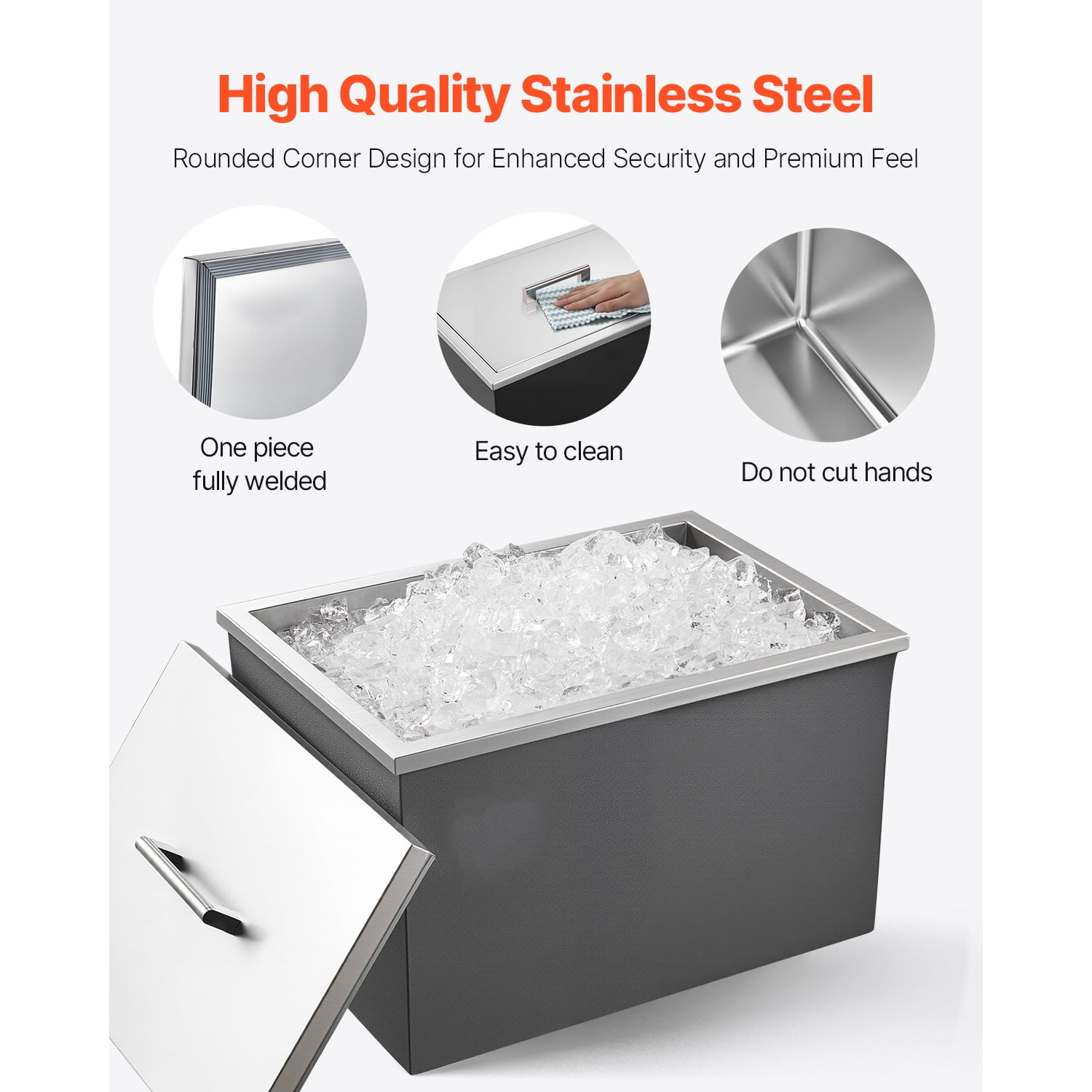 KFFKFF Stainless Steel Drop-In Ice Chest, 20"L x 14"W x 12"H, 31.7 Quart Cooler with Lid for Outdoor Kitchen or Bar, Includes Drain Pipe for Chilling Beverages