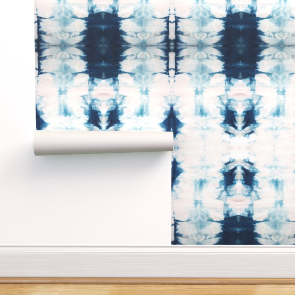 Removable Water-Activated Wallpaper Indigo Chevron Shibori Boho Geometric Blue 