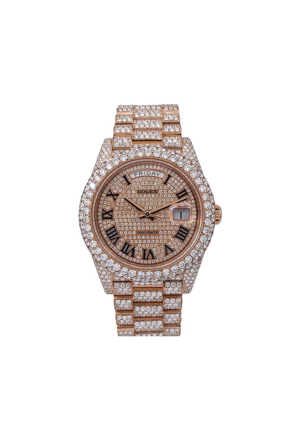 Pre-Owned Rolex Day-Date 40MM 228235 Diamond Paved Roman Dial Diamond Bezel 18K Rose Gold Full Diamond President Bracelet 25.25ct