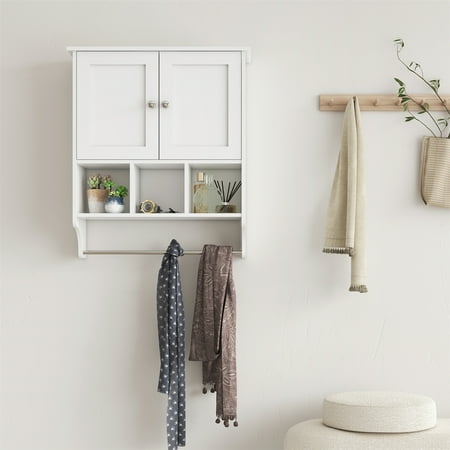 Vastcury 27.5" Bathroom Wall Cabinet, Over the Toilet Storage Medicine Cabinet with 2 Door Cupboard, Adjustable Shelf and Towels Bar, White