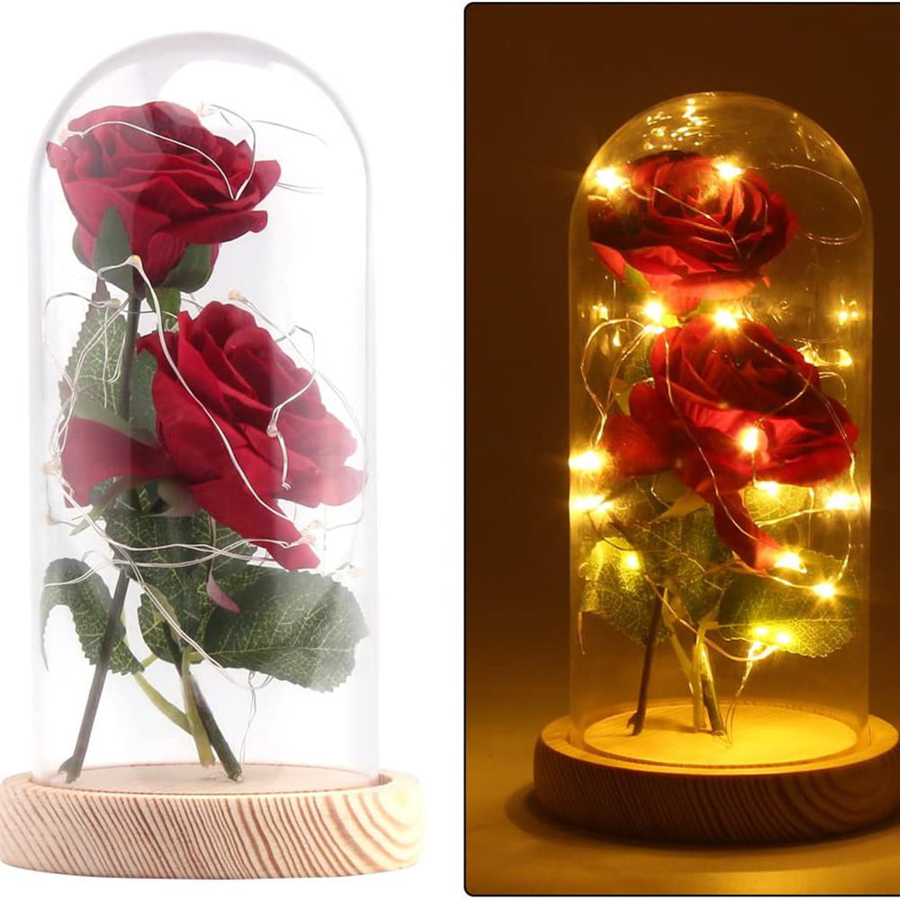 Wooden Base Red Silk Rose in a Glass Dome Home Lamp Decor Valentine's Gift