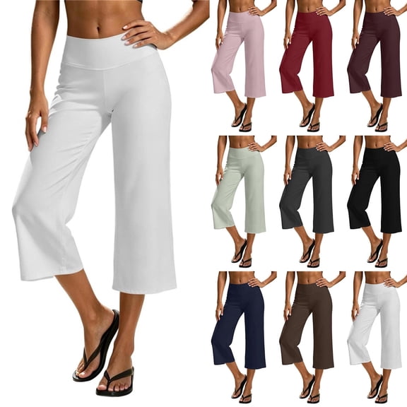 Women's Lightweight Yoga Capri Pants, Solid Color Elastic Waist Pants for Women, Soft Stretchy Mid Waisted Capris, Pockets Casual Athletic Workout Lounge Capris | UKHCCC,Black L