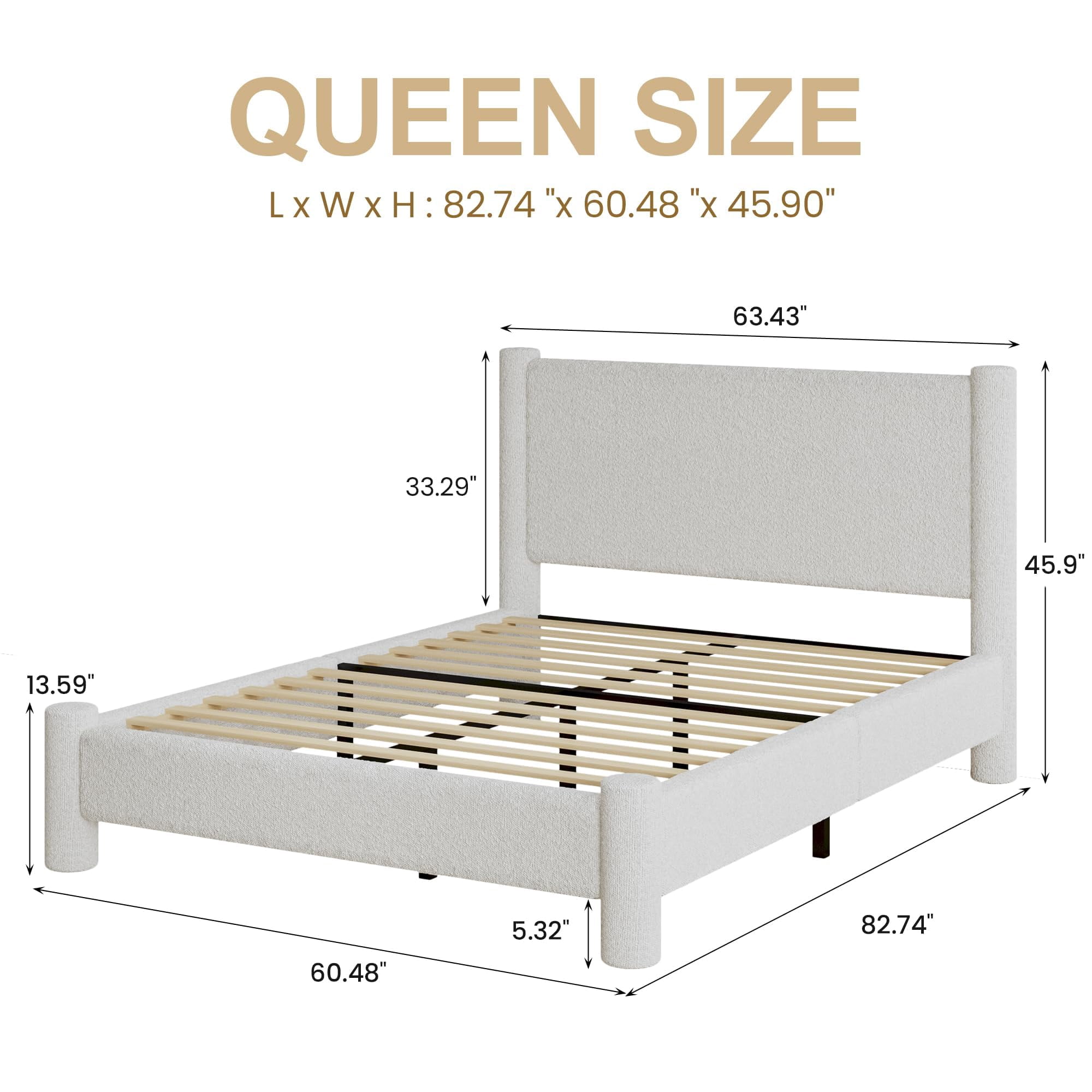 4 EVER WINNER Queen Bed Frame, White Queen Bed Frame, Upholstered Queen Bed with Rounded Legs, Boucle Bed Frame with Headborad, White