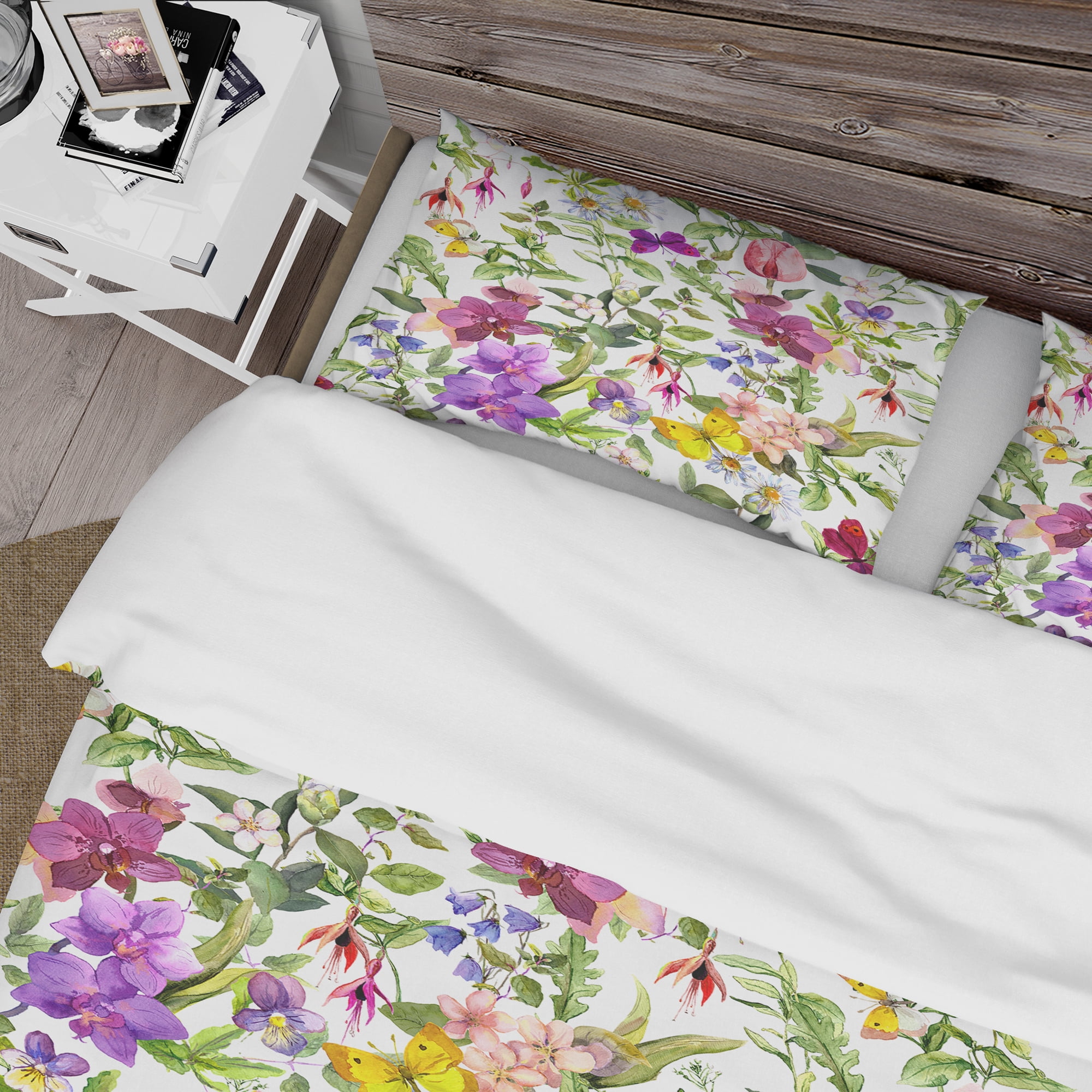 Designart 'Purple Blossoming Orchids and Yellow Butterflies' Floral Duvet Cover Set