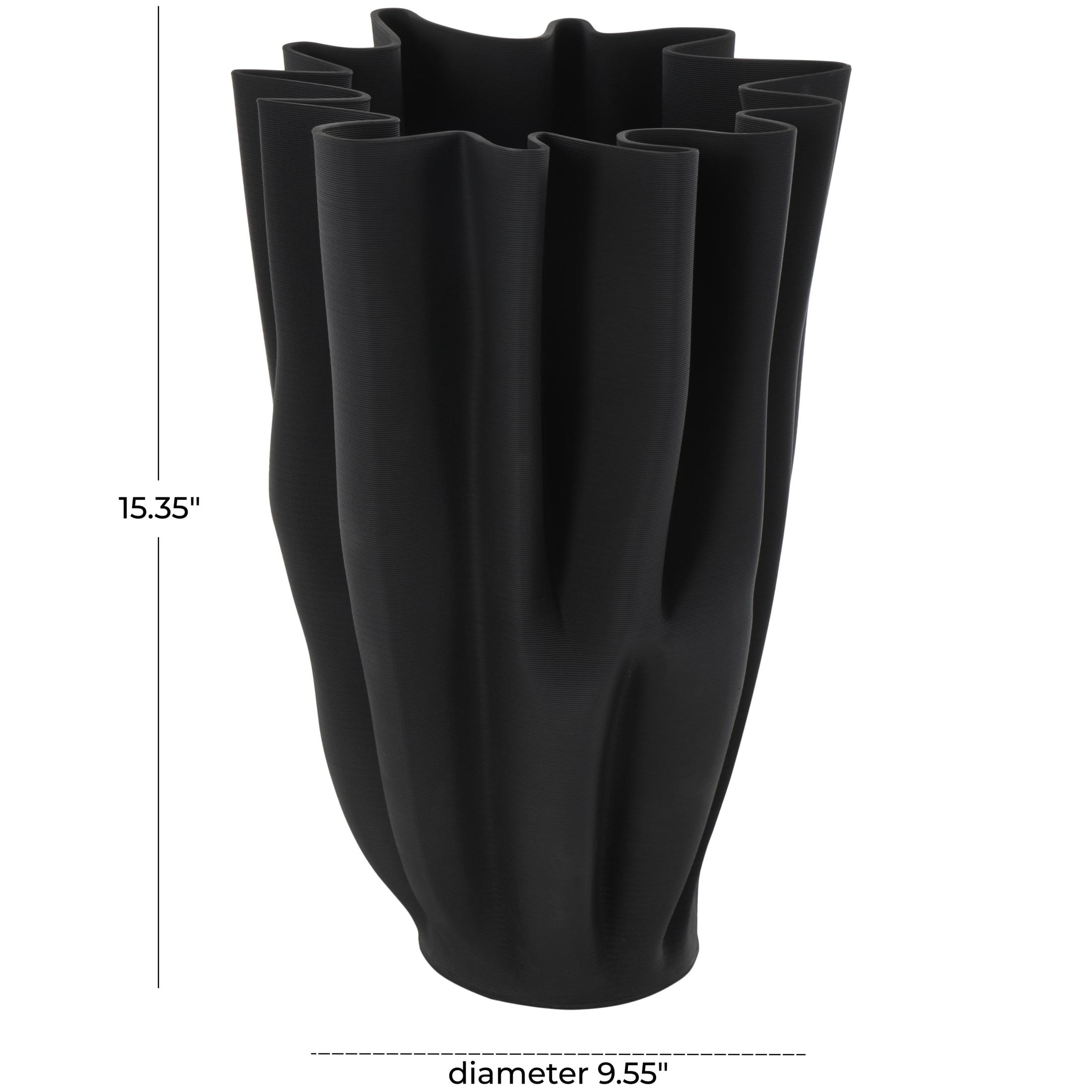 DecMode 15" Abstract Dimensional Ribbed Tulip Black Ceramic Vase with Angular Rim