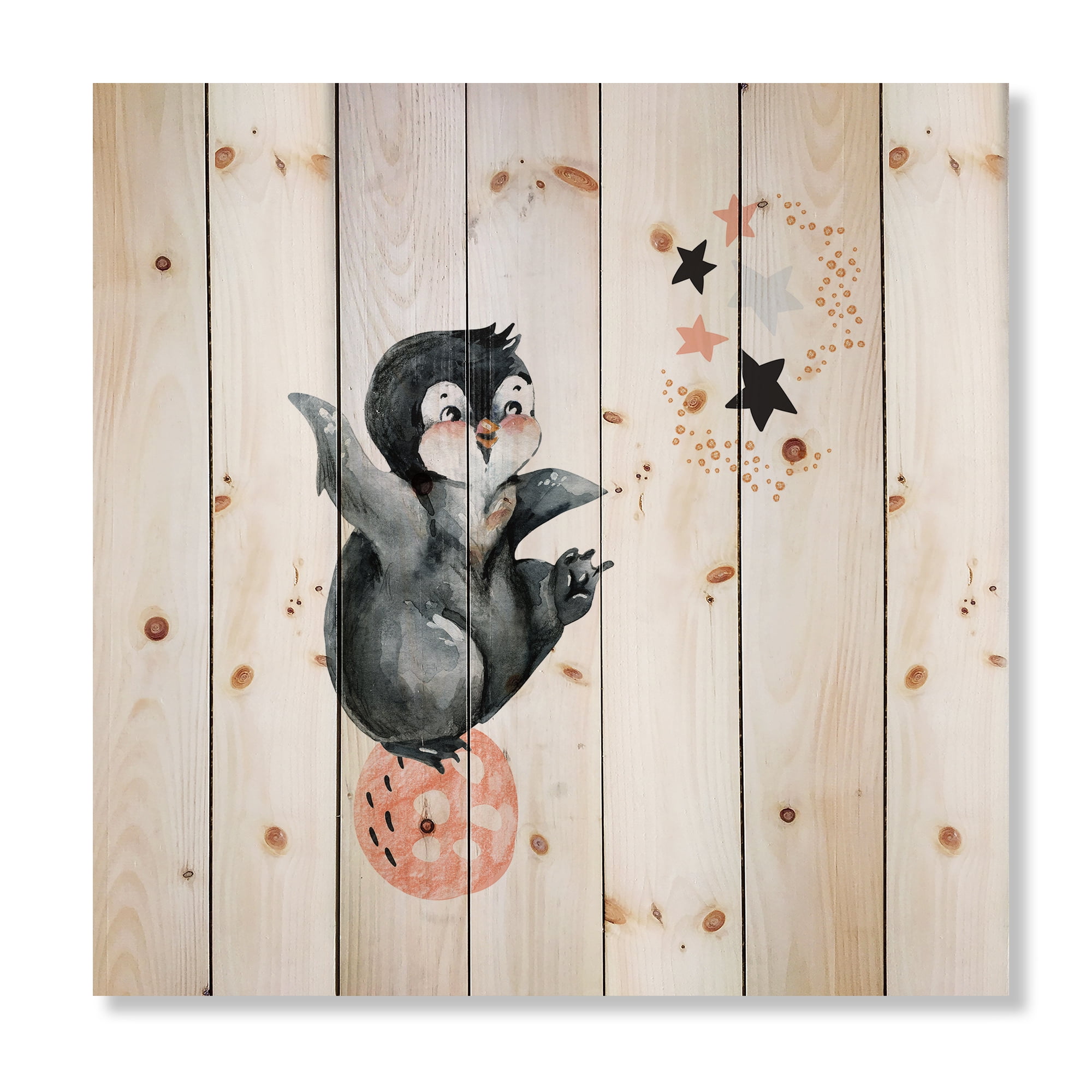 Designart 'Little Penguin With Planets and Stars II' Farmhouse Print on Natural Pine Wood