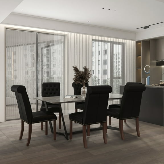 Emma Oliver 6 PK Black Faux Leather Upholstered Rolled Back Parsons Chair with Nailhead Trim & Walnut Finished Frame with Plastic Floor Glides