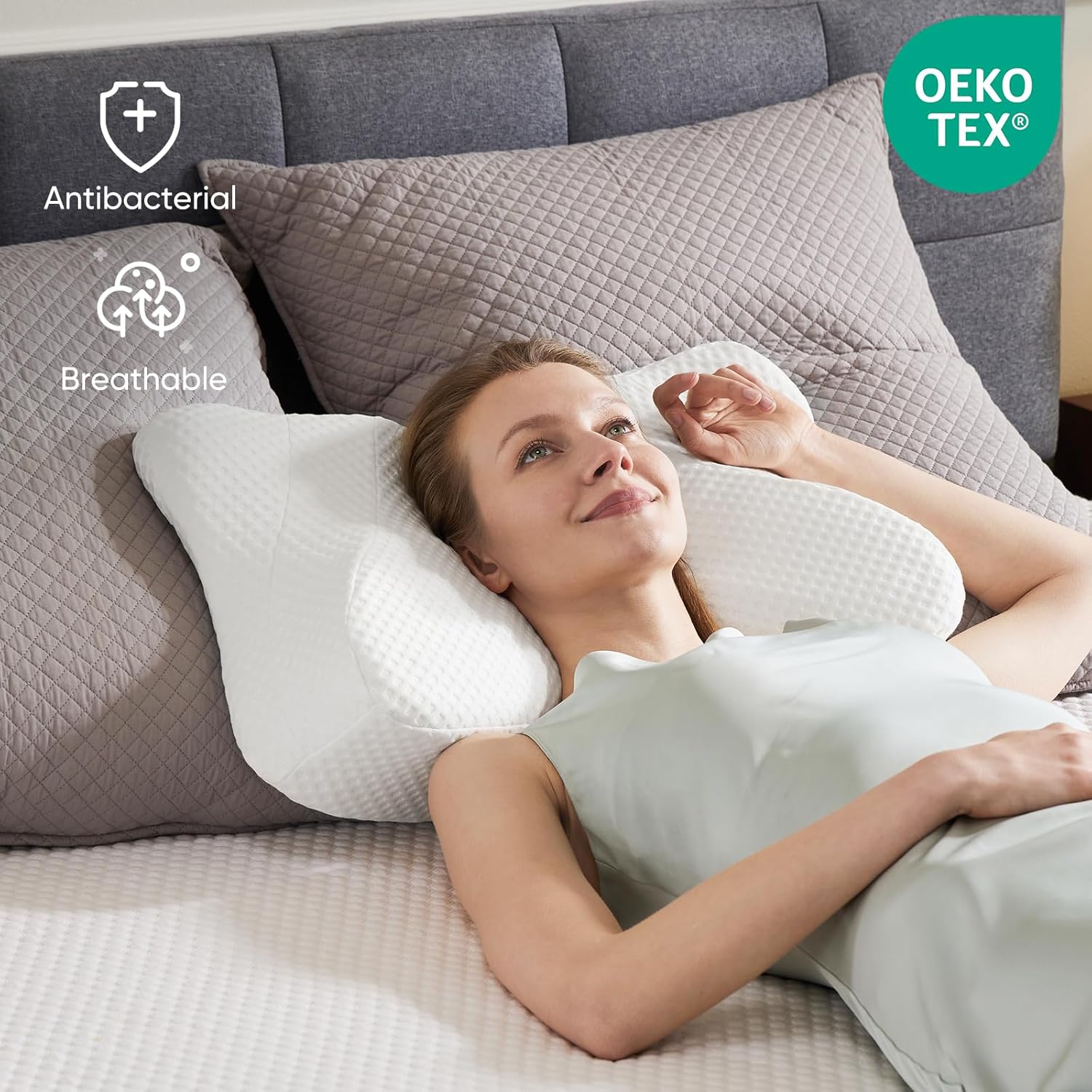 JL Cervical Neck Pillow, Memory Foam Contour Pillow with Arm Rest Slot and Soft Breathable Pillowcase, Ergonomic Dual-Height Orthopedic Support for Side, Back, and Stomach Sleepers, White