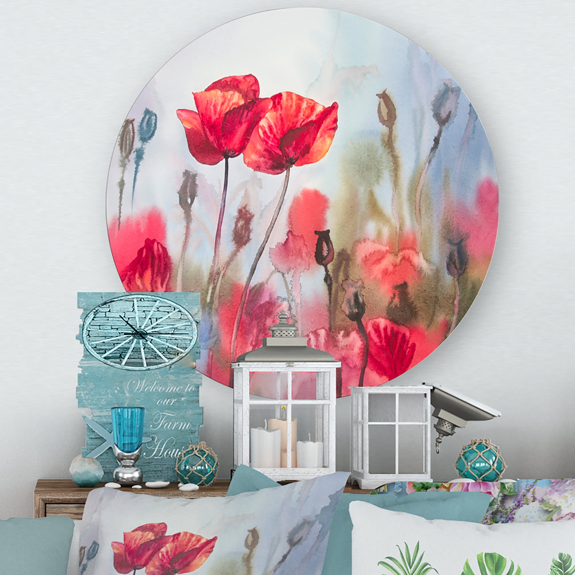 Designart 'Blossoming Red Poppies In The Meadow' Traditional Circle Metal Wall Art 23x23 - Disc of 23