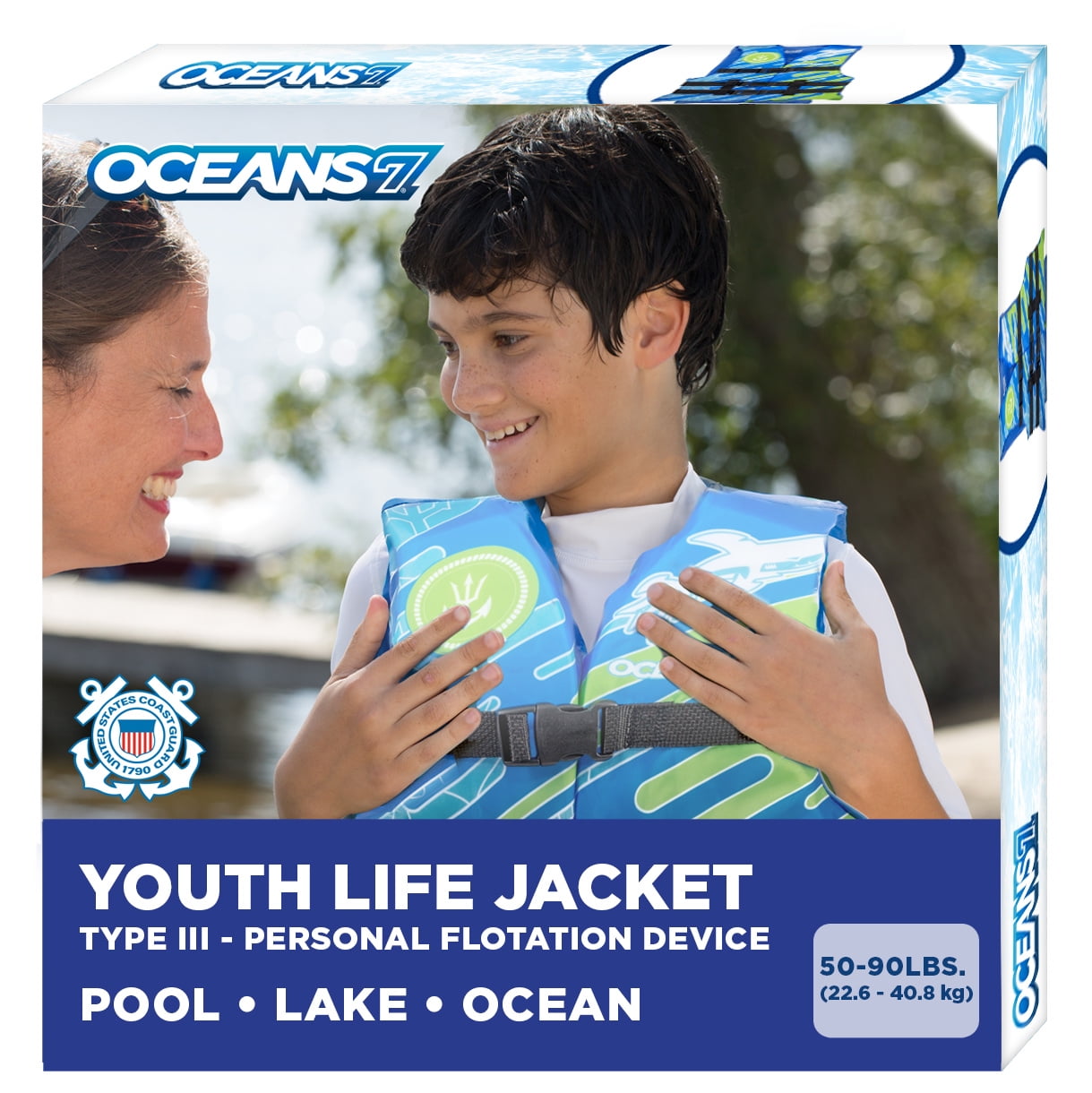 Oceans7 Youth Open Side Life Vest, Durable, Easy Fit, 50-90 lbs, Blue/Green, Unisex, Nylon