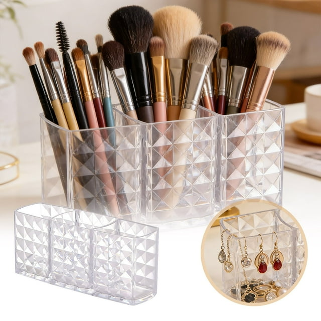 Modern Acrylic Pattern Desk Organizer Multifunctional Clear Makeup Brush Pen Pencil Holder For Vanity Desktop Storage