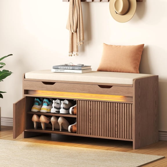 Shoe Storage Bench, Modern Entryway Bench with Fluted Doors & Built-in LED Sensor Light, Wooden Shoe Bench with Cushion for Hallway and Bedroom, Walnut