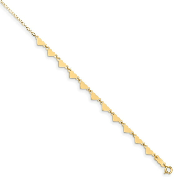 Real 14kt Yellow Gold Oval Link Chain with Hearts 9in Plus 1in Ext Anklet; 9 inch; for Adults and Teens; for Women and Men