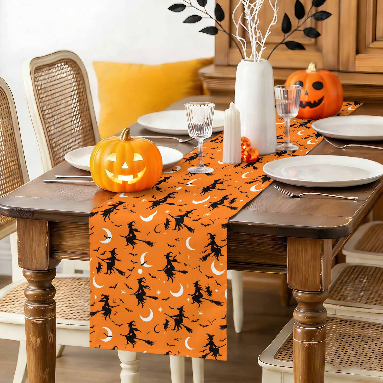 Table Runner Halloween Witch Moon on Orange Dresser Scarves 13x36 Inch Linen Table Runners Scary Bats Seamless Tablerunner for Home Dining Indoor Outdoor Wedding Party Tabletop Decor
