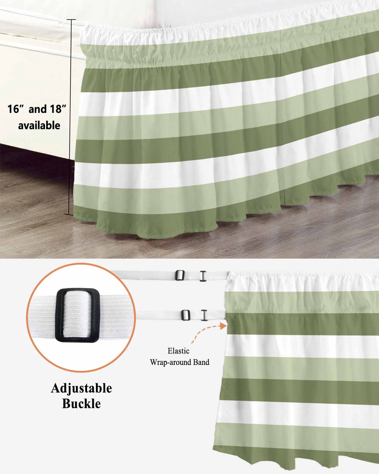 Sage Green White Striped Wrap Around Bed Skirts for California King Bed 18" Drop,Bed Skirt with Adjustable Elastic Belt Dust Ruffle Bed Valance for Bedroom Hotel Farmhouse Stripes Bed Frame Cover
