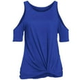 thumbnail image 7 of Wenyuyu Women’s Cold Shoulder T Shirts Short Sleeve Round Neck Tops Summer Trendy Casual Knot Twist Tunic Tee Blouses Blue XL, 7 of 7