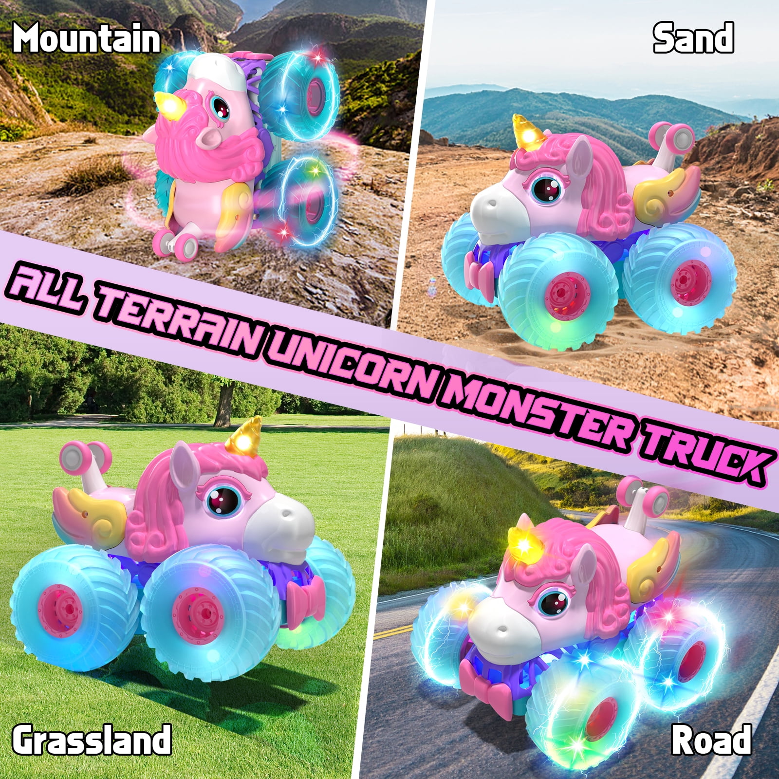 Unicorn Remote Control Cars for Girls, Remote Control Monster Truck for Girls, Pink Rc Stunt Car Unicorn Toys Cars with LED Lights for Girls Age 4 5 6 7 8 9 10 11 12