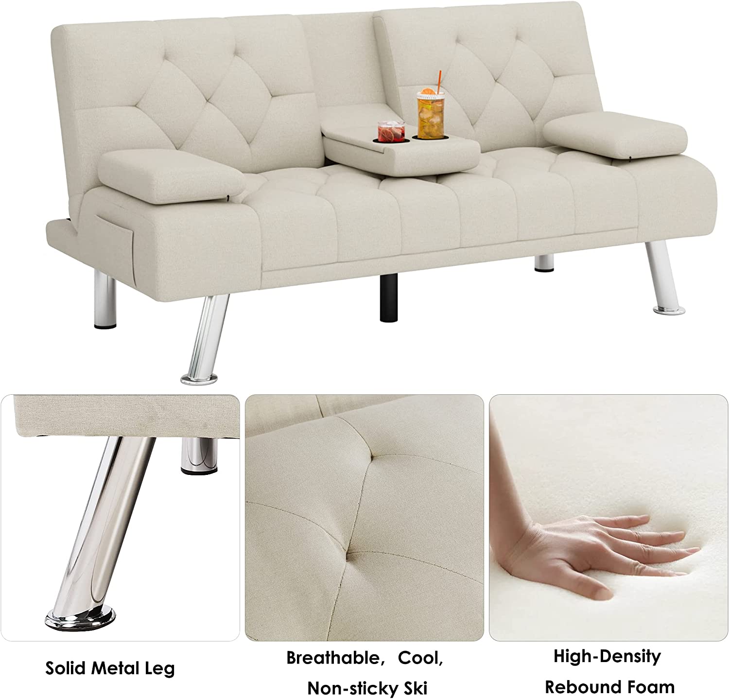 Homfa Upholstered Sofa Bed Couch, Convertible Futon Sleeper Sofa with Removable Armrests and 2 Cup Holders, Cream White - image 3 of 8