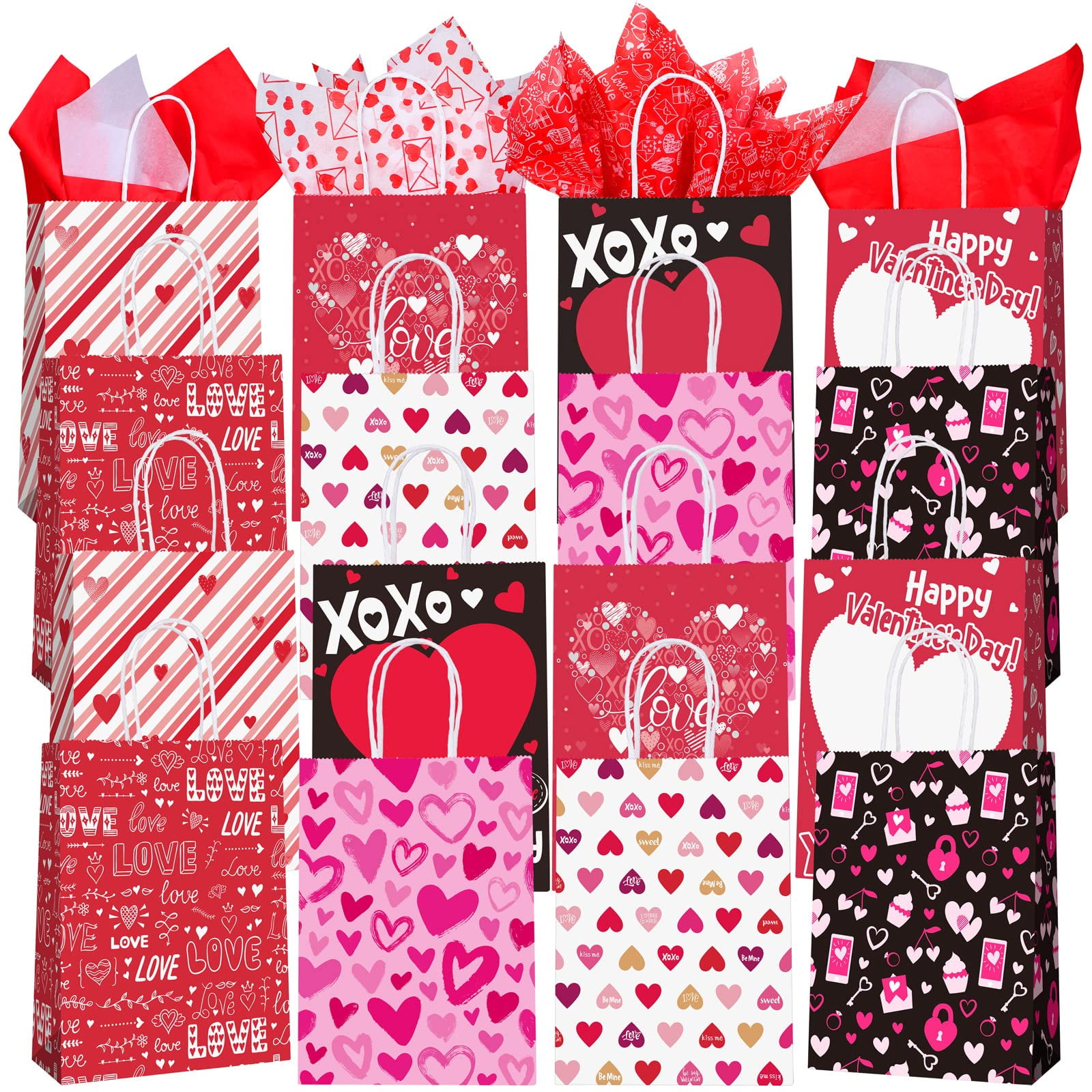 Fovths 16 Pieces Valentines Bags with 24 Sheets Tissue Paper 8.6 Inch