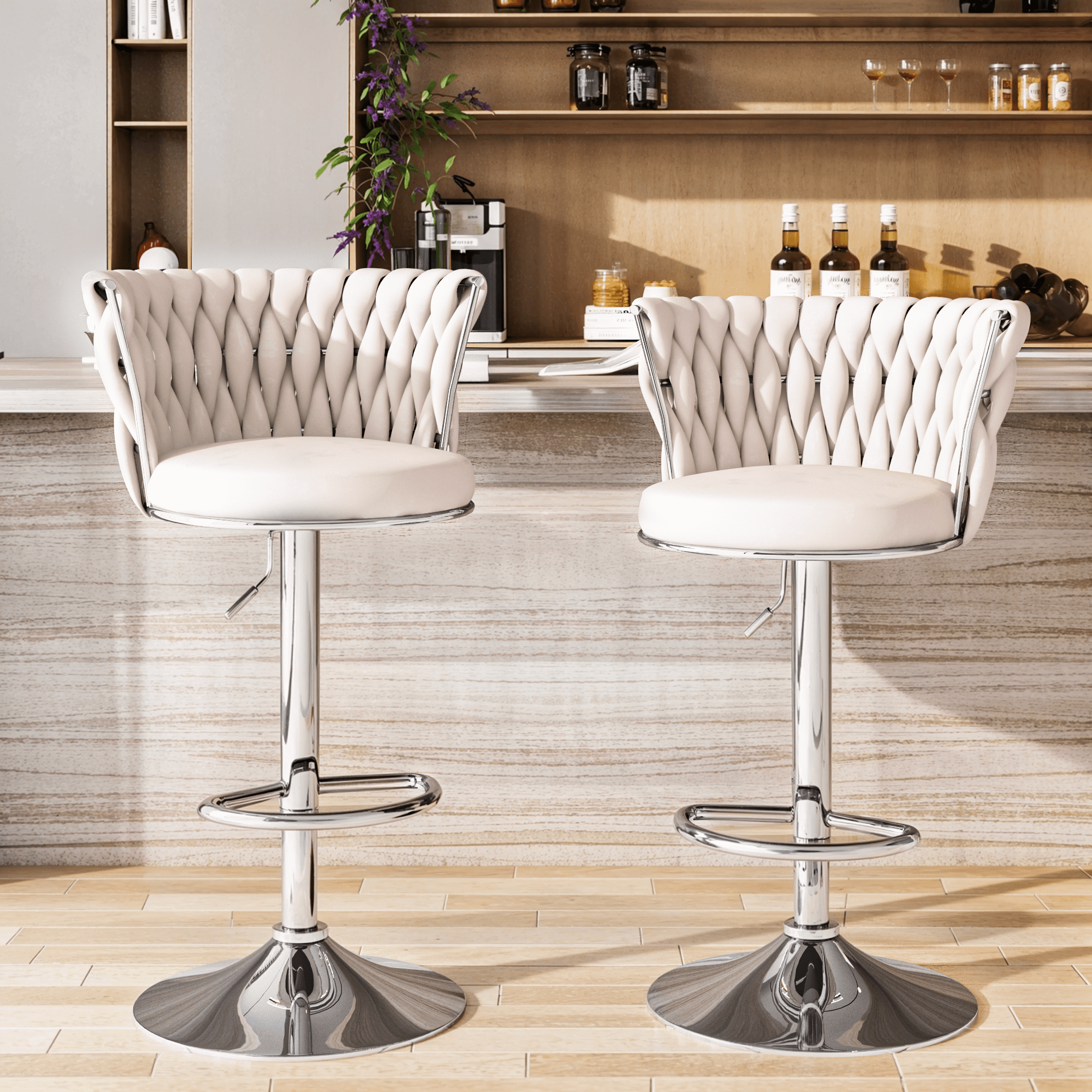 Mieres Velvet Bar Stools Set of 4, Adjustable Height Swivel Pub Chairs with Woven Back, Counter Height Dining Chairs with Footrest, 360° Rotating Kitchen Island Stools for Home & Bar, Beige