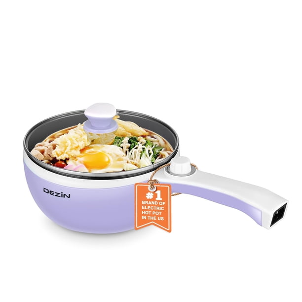 Dezin Hot Pot Electric Upgraded, sartén antiadherente, olla eléctrica de fideos rápidos, mini olla caliente portátil de 1.5 L para filete, huevo, arroz frito, ramen, avena, sopa con ajuste de potencia