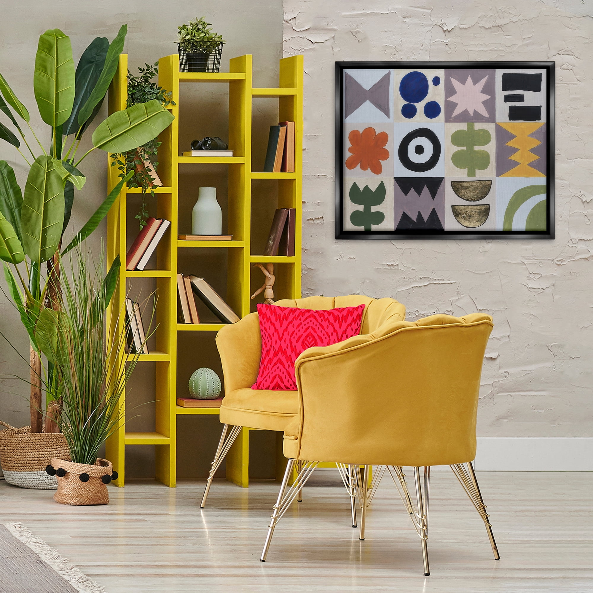 Stupell Industries Contemporary Tulips & Shapes Abstract Painting Black Floater Framed Canvas Art Print Wall Art, 31 x 25