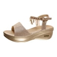 thumbnail image 6 of Rokmen Womens Glitter Metallic Rhinestones Pearl Orthopedic Dressy Sandals Bride Wedding Sparkly Ankle Strap Platform Wedge Dress Summer Shoes with Arch Support Gold Size 5.5, 6 of 7