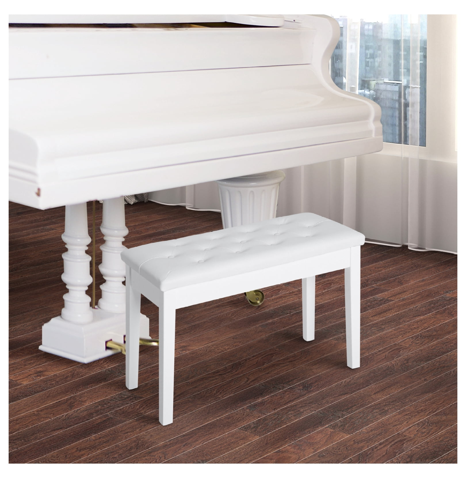 Piano Bench Duet Chair, White Faux Leather Padded Keyboard Bench, Wooden Frame, Button Tufted, for Performance & Lessons