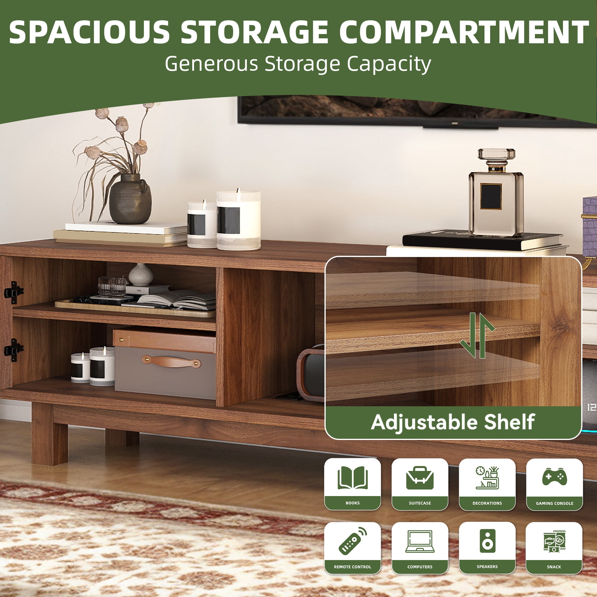 Uforic Fluted TV Stand for 65" TVs, Modern Living Room Media Console with Adjustable Shelf & Power Outlets, Walnut