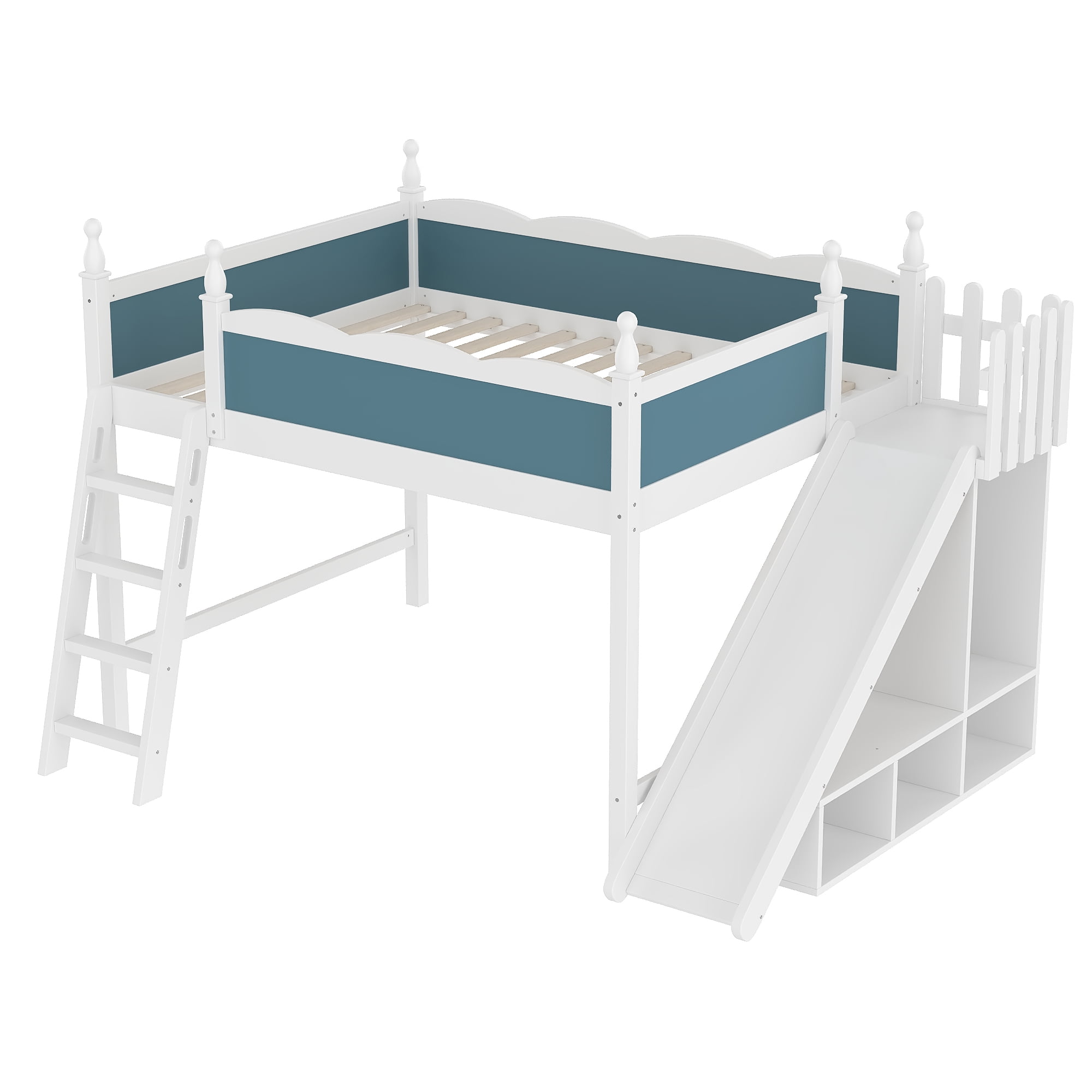 Leumius Queen Loft Bed Frame with Storage Shelves and Wardrobe, Solid Wood Loft Bed with Detachable Slide and Ladders for Kids Teens Adults Blue and White