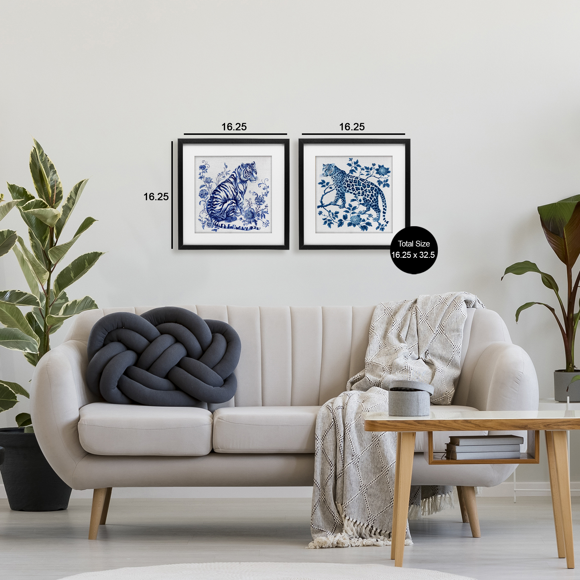 Ornate & Detailed Large Cats 2 Piece Black Framed Print Under Glass Set, design by Lettered and Lined