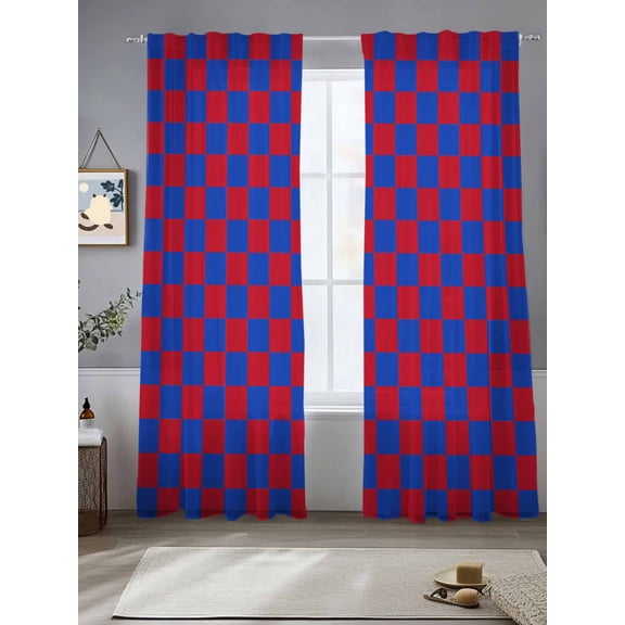Independence Day Sheer Curtains 2 Panels Set, Red Blue Plaid Abstract Pixel Art Light Filtering Rod Pocket Voile Drapes, Window Sheer Curtains for Living Room/Bedroom, 52'' W x 84'' L
