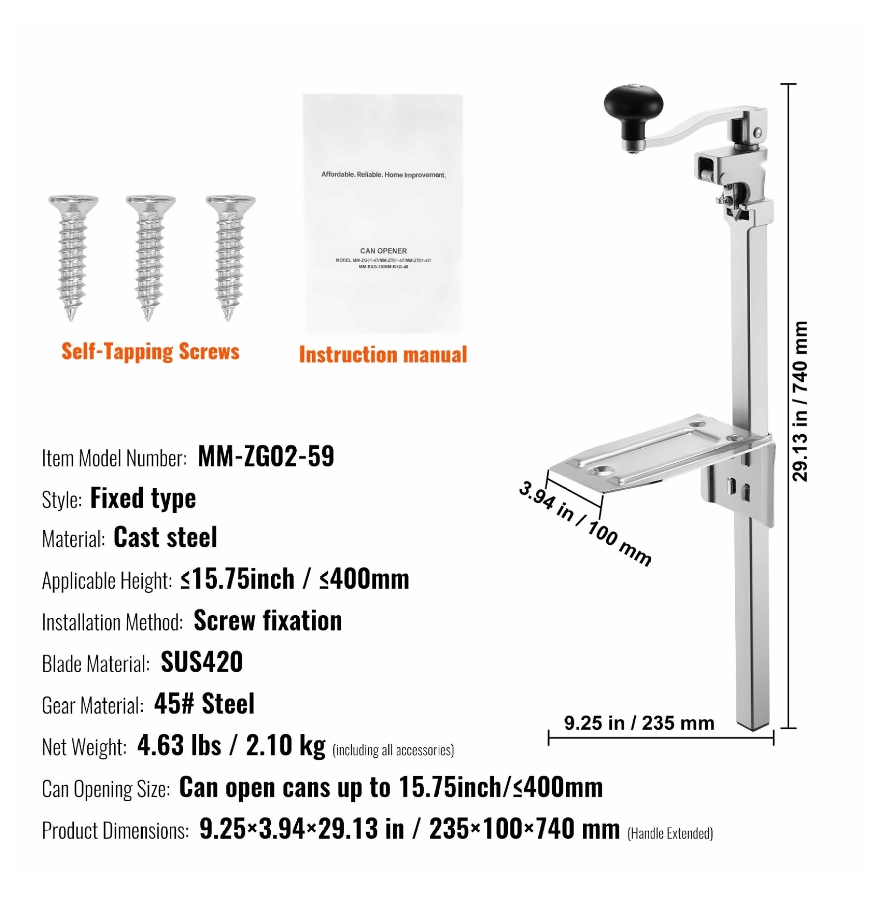 Commercial Can Opener, Heavy Duty Manual Can Opener for Large Cans - Up to 15.75", Restaurant Grade Tabletop Can Opener with Adjustable Height, Stainless Steel Blades