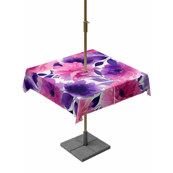Outdoor Tablecloth with Umbrella Hole for Patio/Picnic/Party/Camping, Watercolor Floral Waterproof Table Cloth Square Cover Washable, Spring Flowers Botanical Vintage (54"x 54")