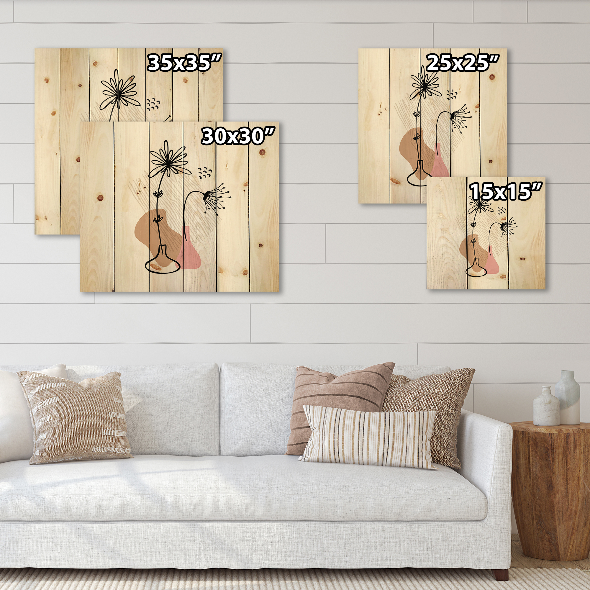 Designart 'Abstract Minimal Shapes Under Flowers III' Modern Print on Natural Pine Wood