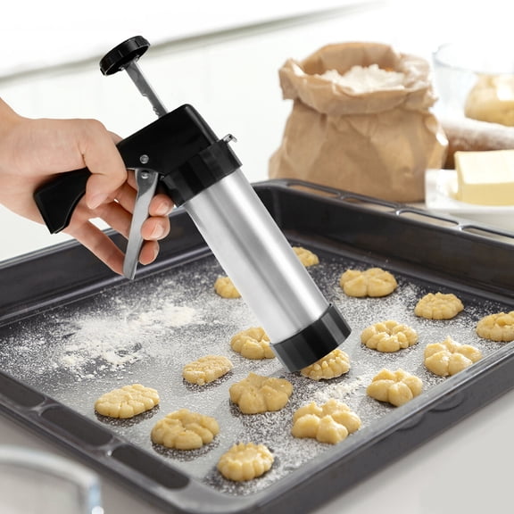 Cookie Press Kit Stainless Steel Cookie Press Decorating Kit Ergonomic Cookie Press Machine Portable Cookie Maker Press with Cookie Discs Icing Nozzles for Biscuits Cookies