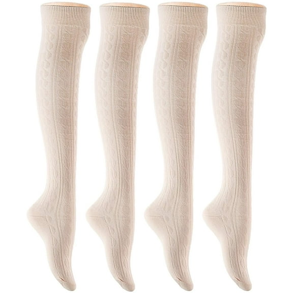 Lian LifeStyle Women's 4 Pairs Adorable, Fashionable, and Ultra-Soft Thigh High Natural Cotton Socks LW1024 Size 6-9 (Cream)