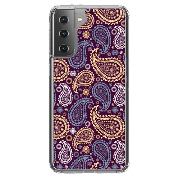 DistinctInk Clear Shockproof Hybrid Case for Galaxy S21 5G (6.2" Screen) - TPU Bumper, Acrylic Back, Tempered Glass Screen Protector - Purple Yellow Blue Paisley