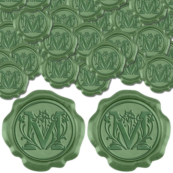 50Pcs M Letter Wax Seal Stickers Envelope Seal Stickers Wedding Invitation Envelope Seals Leaf Pattern Self Adhesive Stickers for Party Invitation Wrapping Green 1.18inch DIY