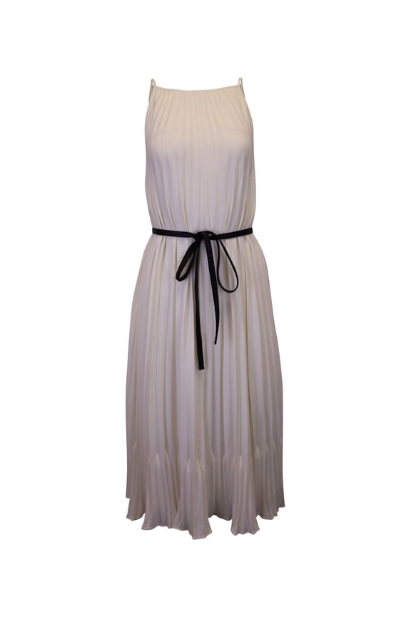 Pre-Owned Proenza Schouler White Label Pleated Midi Dress with Leather Belt in Cream Polyester